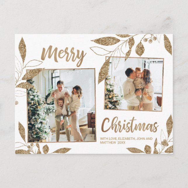 Elegant Guld Botaniskt 2 Fotokollage jul Vykort (Framsida)