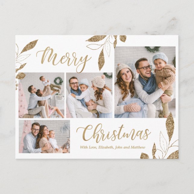 Elegant Guld Botaniskt 4 Fotokollage jul Vykort (Framsida)