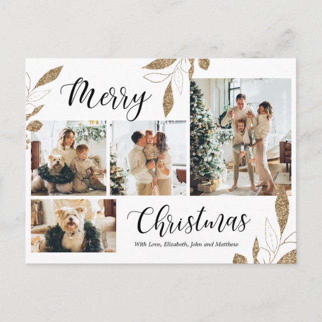 Elegant Guld Botaniskt 4 Fotokollage jul Vykort (Framsida)