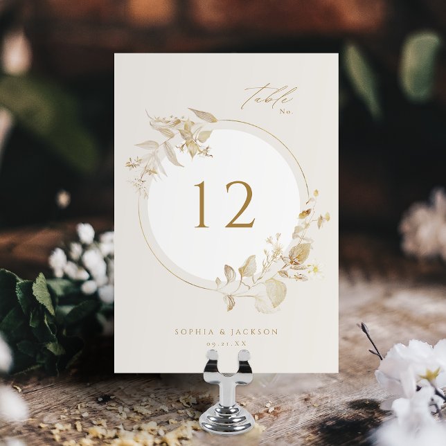 Elegant Guld Botaniskt Blommigt Utandning Bröllop Bordsnummer (Elegant Gold Botanical Floral Wreath Wedding Table Number)