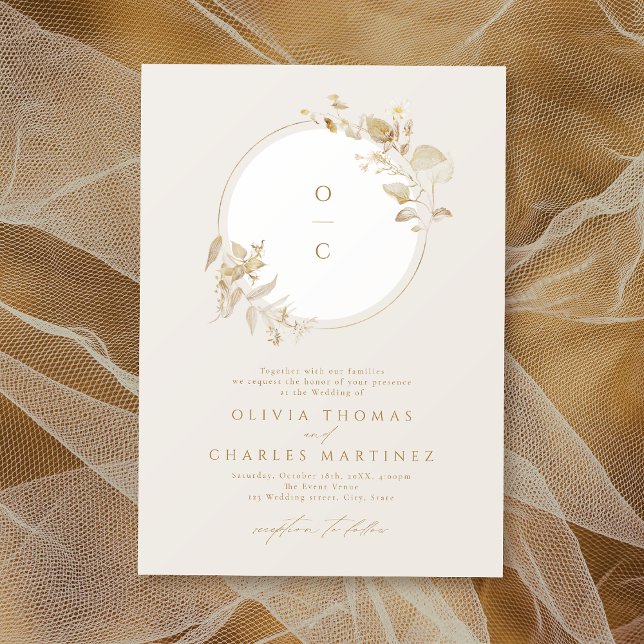 Elegant Guld Botaniskt utandningsprogram Bröllop Inbjudningar (Elegant Gold Botanical Wreath Monogram Wedding Invitation)