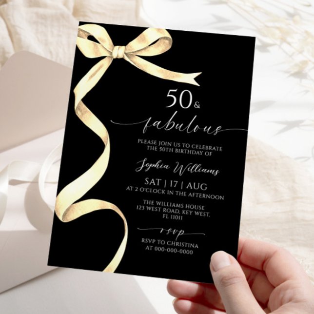 Elegant Guld Bow 50 & Fabulous Birthday-inbjudan Inbjudningar (Skapare uppladdad)