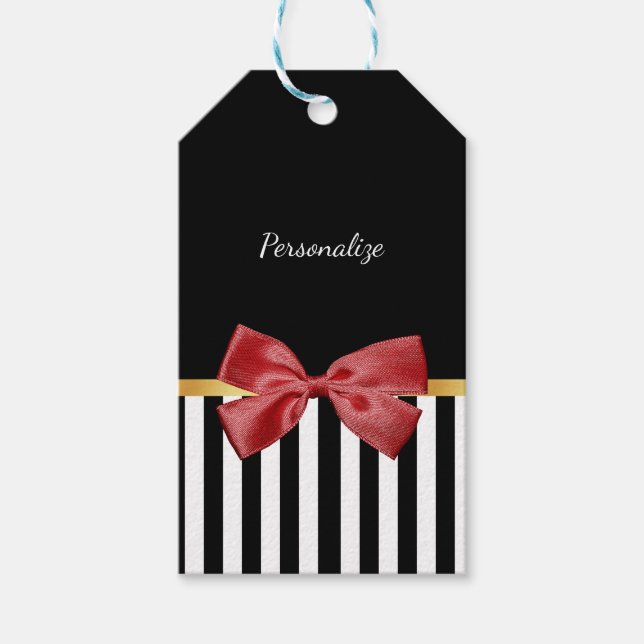 Elegant Guld Bow Black and White Rand med Namn Presentetikett (Framsidan)