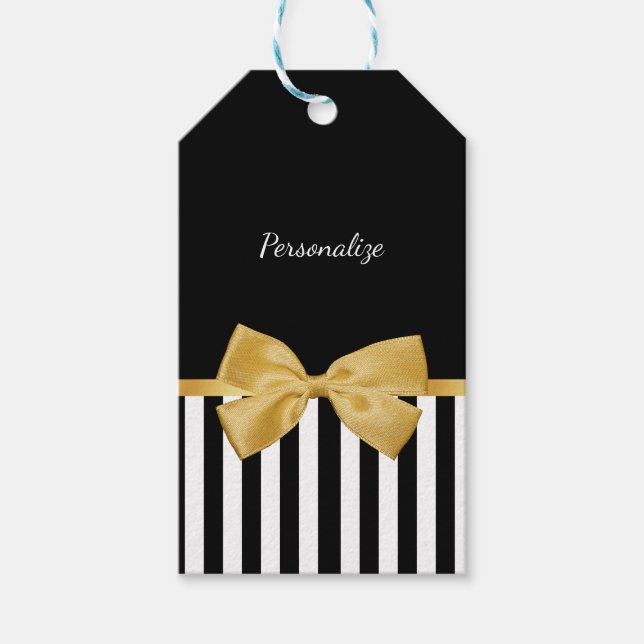 Elegant Guld Bow Black and White Rand med Namn Presentetikett (Framsidan)