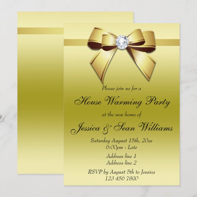 Elegant Guld Bow House Warming Party Inbjudningar (Fram/baksida)