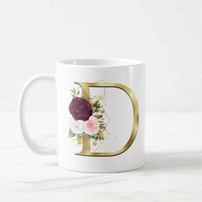 Elegant Guld Brev D Rosa Burgundy Ro Monogram  Kaffemugg (Vänster)