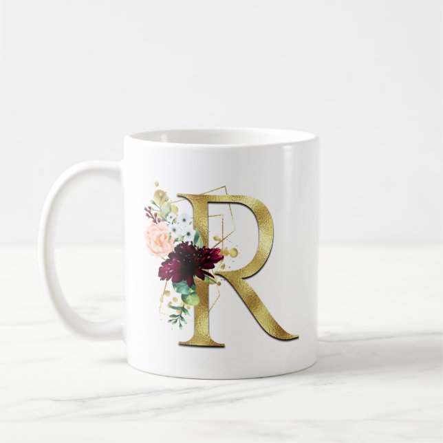 Elegant Guld Brev R  Blommigt Monogram Kaffemugg (Vänster)