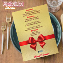 Elegant Guld Bröllop Menu med Red Ribbon & Photo
