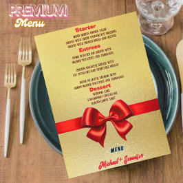 Elegant Guld Bröllop Menu med Red Ribbon & Photo Meny