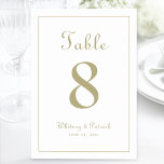 Elegant guld bröllopsfest bord formell middag bordsnummer<br><div class="desc">Bröllopsbord Nummer evenemang party skylt design har en klassisk elegans med en modern, gyllene ton på en klassisk vit bakgrund. Personifiera bröllopsbordets design med ditt namn, bröllopsdatum och bordnummer i trendig stil och typsnitt. Baksidan av kortet är en dubblett av framsidan. Följ vår lättanvända moderna mall för att enkelt anpassa...</div>