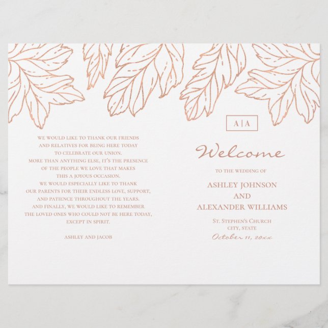 Elegant guld bröllopsprogrammet är uppfällt. Blåbo (Framsida)