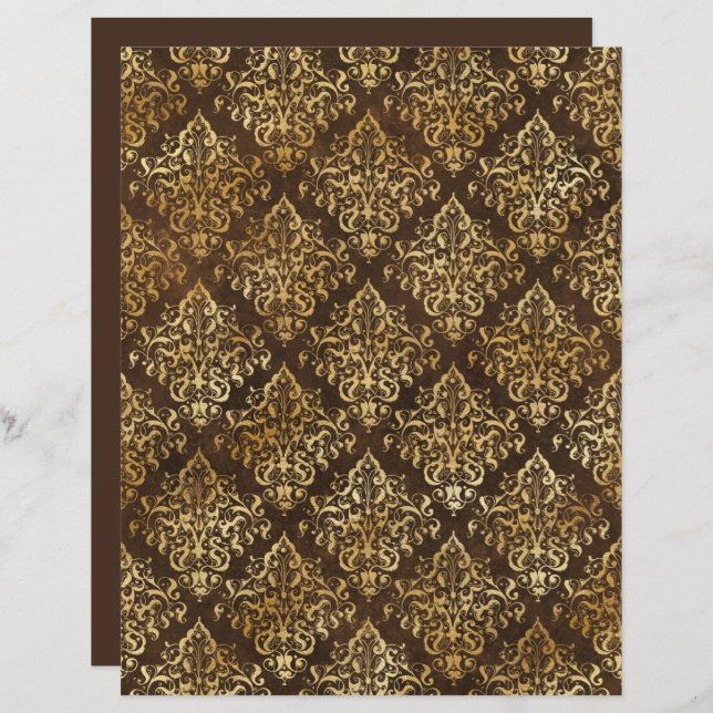 Elegant Guld Brown Damask Patch Scrapbook Papper (Fram/baksida)