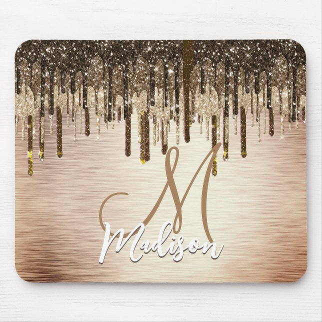 Elegant guld brundroppar glitter monogram musmatta (Framsidan)