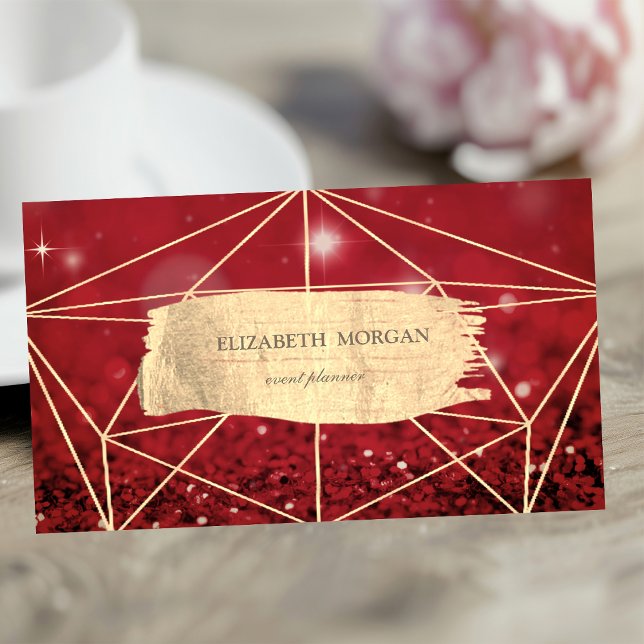 Elegant Guld Brush Stroke Geometric Red Bokeh Visitkort (Skapare uppladdad)