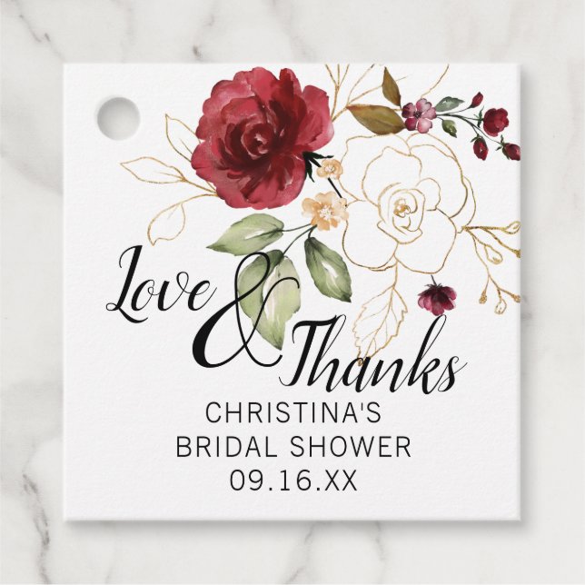 Elegant guld burgunder Blommig Bröllops Shower Sma Gåvor Etiketter (Framsida)