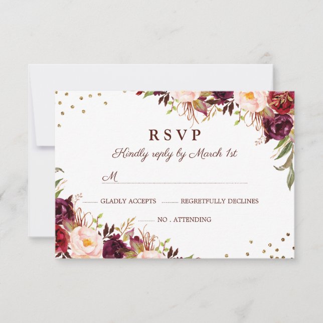 Elegant guld burgunder Blommig RSVP OSA Kort (Framsida)