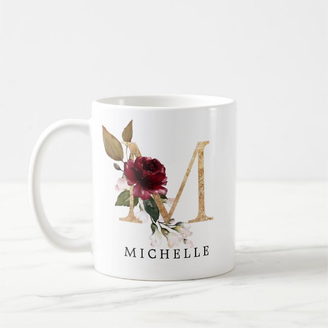 Elegant guld burgunder och rosafärgade blommor Bok Kaffemugg (Vänster)