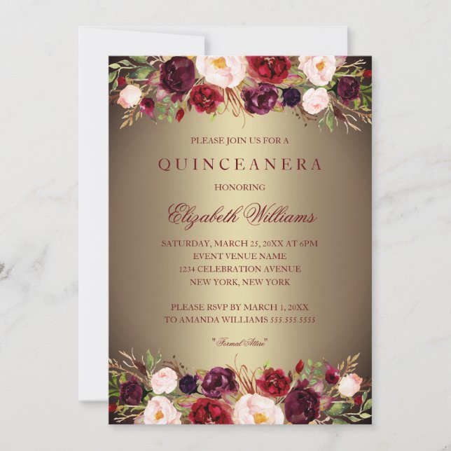 Elegant guld burgunder Quinceanera inbjudan (Framsida)