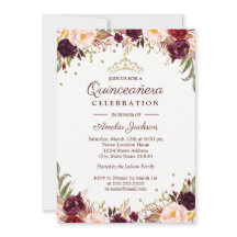Elegant Guld Burgunder Röd Blommig Quinceanera