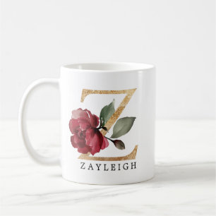 Elegant guld burgunderfärgad blomma Bokstav Z Kaffemugg