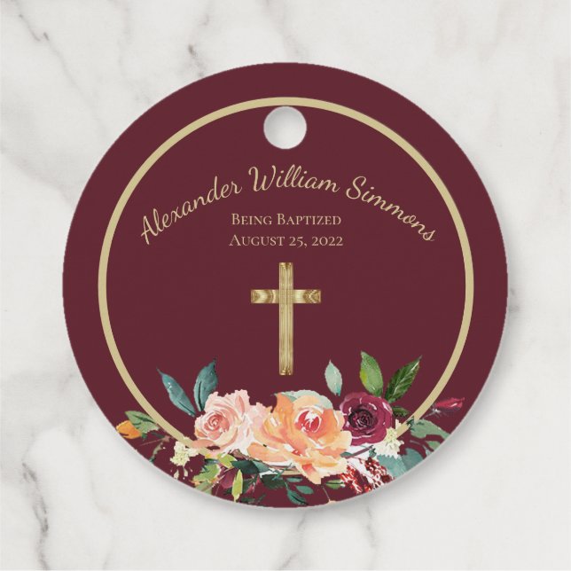 Elegant Guld Burgundy Blommigt Baby Christening Gåvor Etiketter (Baksida)