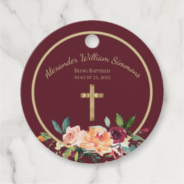 Elegant Guld Burgundy Blommigt Baby Christening Gåvor Etiketter