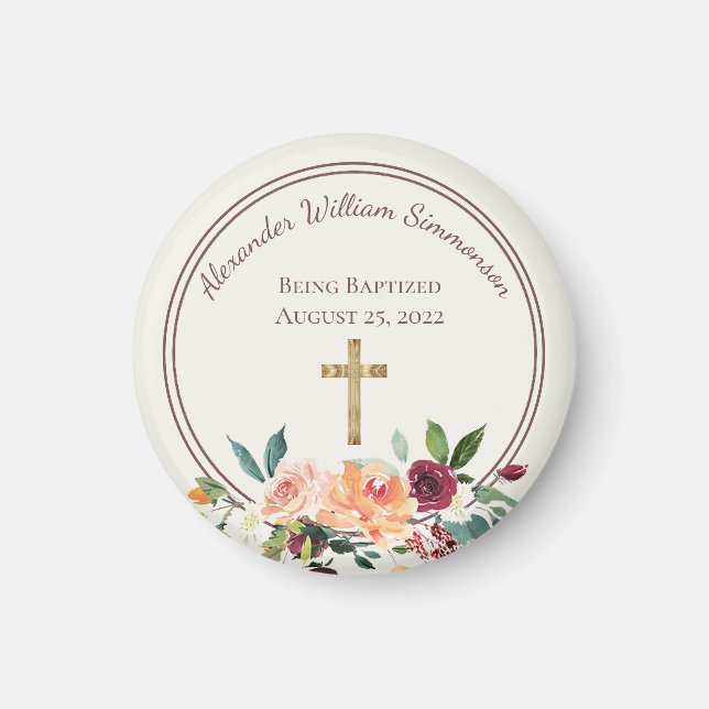 Elegant Guld Burgundy Blommigt Baby Christening Magnet (Framsidan)