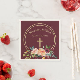 Elegant Guld Burgundy Blommigt Baby Christening Pappersservett