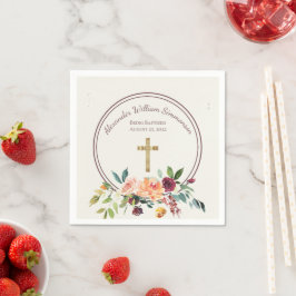 Elegant Guld Burgundy Blommigt Baby Christening Pappersservett
