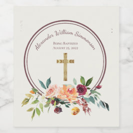 Elegant Guld Burgundy Blommigt Baby Christening Vinflaska Etikett