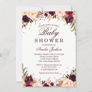 Elegant Guld Burgundy Blommigt Baby Shower Inbjudningar