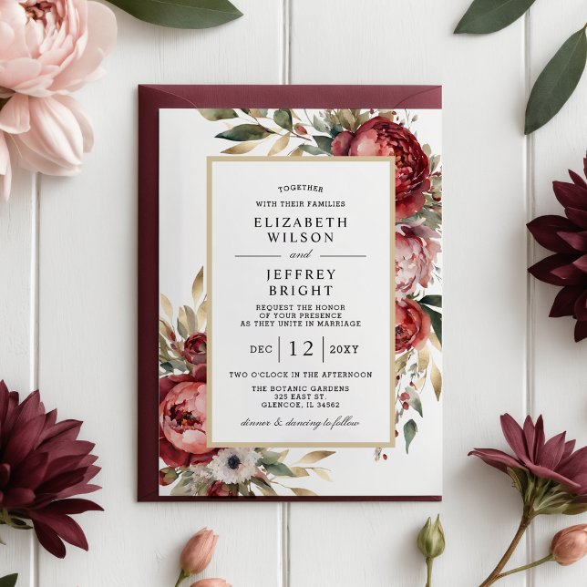 Elegant Guld Burgundy  Blommigt Bröllop Inbjudningar (Elegant Gold Burgundy Blush Floral Wedding Invitation)