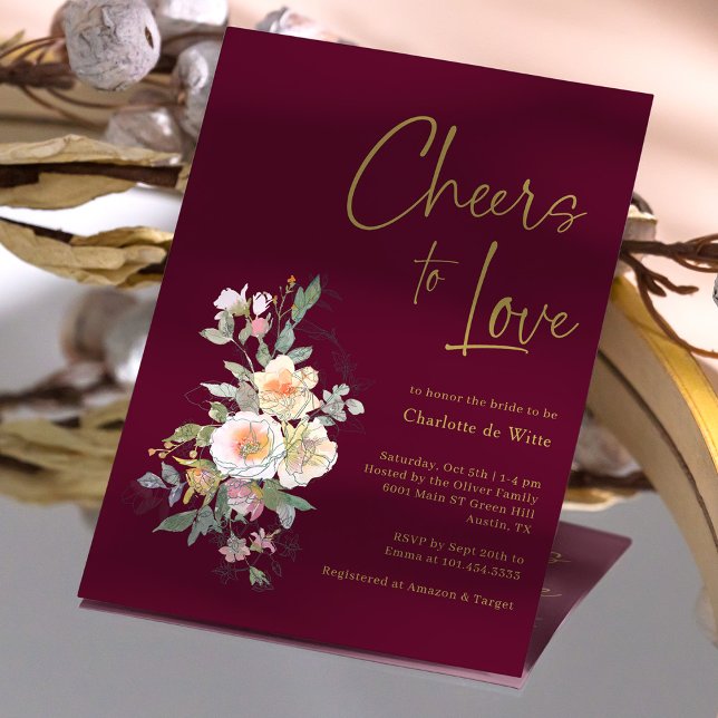 Elegant Guld Burgundy Blommigt Möhippa Inbjudningar (Elegant Gold Burgundy Floral Bridal Shower Invitation)