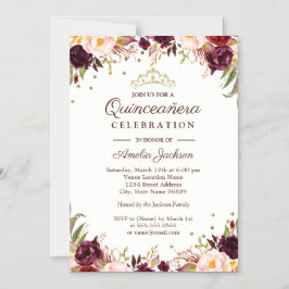 Elegant Guld Burgundy Blommigt Quinceanera Magnetisk Inbjudningskort