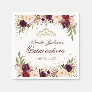 Elegant Guld Burgundy Blommigt Quinceanera Napkin Pappersservett