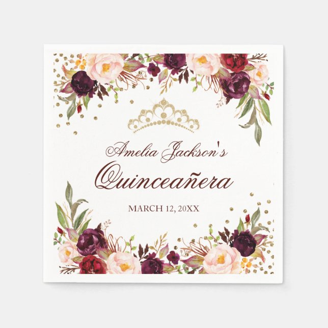 Elegant Guld Burgundy Blommigt Quinceanera Napkin Pappersservett (Framsidan)