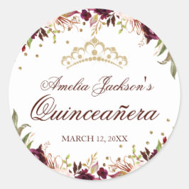 Elegant Guld Burgundy Blommigt Quinceanera Sticker Runt Klistermärke