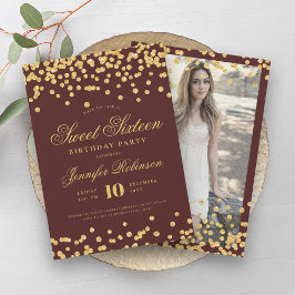 Elegant Guld Burgundy Confetti Photo Sweet 16 Inbjudningar