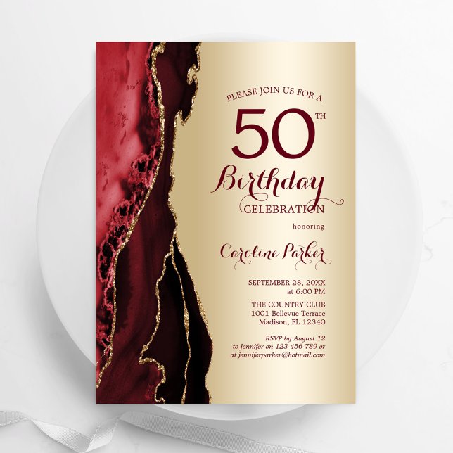 Elegant Guld Burgundy Red Agate 50:e födelsedagen Inbjudningar (Skapare uppladdad)