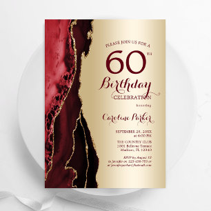 Elegant Guld Burgundy Red Agate 60:e födelsedagen Inbjudningar