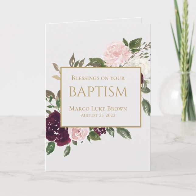 Elegant Guld Burgundy Rosa Blessings Christening Kort (Framsida)