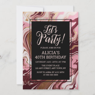 Elegant Guld Burgundy Rosa Marble Fluid Birthday Inbjudningar
