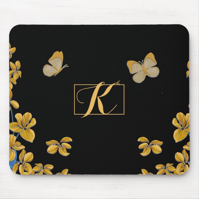 Elegant Guld Butterflies & Flowers Monogram Musmatta (Framsidan)