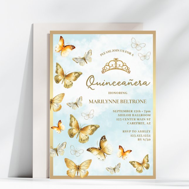 Elegant Guld Butterfly Blue Quinceañera Inbjudningar (Skapare uppladdad)