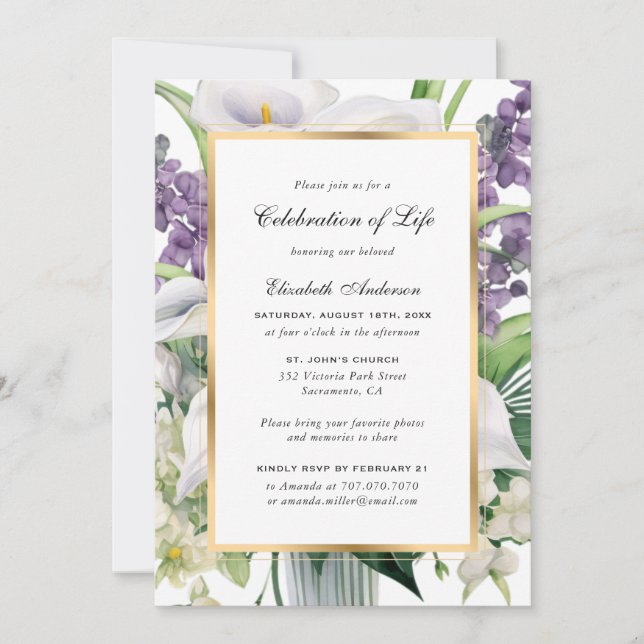 Elegant Guld Calla Lily Photo Firande of Life Inbjudningar (Framsida)