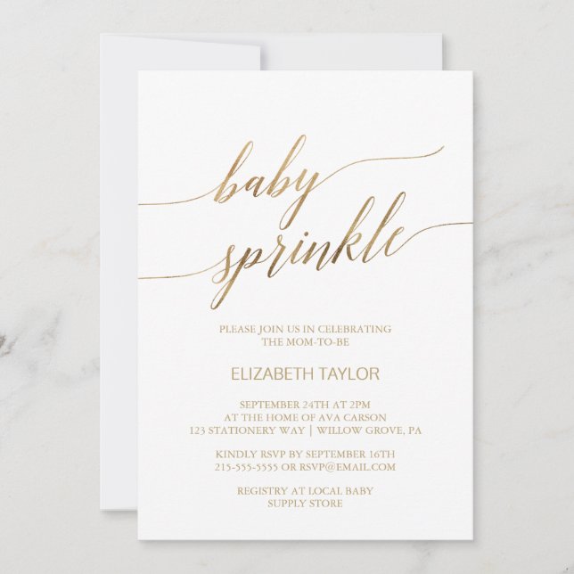 Elegant Guld Calligraphy Baby Sprinkle Inbjudningar (Framsida)