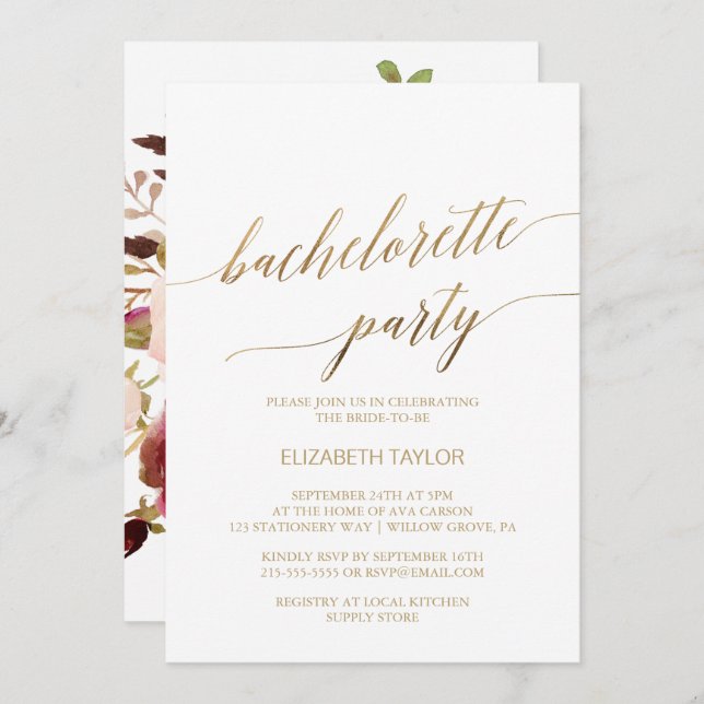 Elegant Guld Calligraphy | Blommigt Bachelorette Inbjudningar (Fram/baksida)