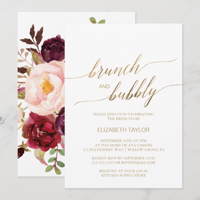 Elegant Guld Calligraphy | Blommigt Brunch & Bubly Inbjudningar (Fram/baksida)