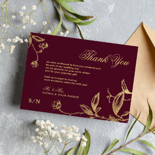 Elegant guld calligraphy blommigt burgundy bröllop tack kort