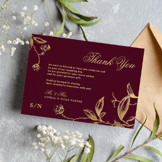Elegant guld calligraphy blommigt burgundy bröllop tack kort